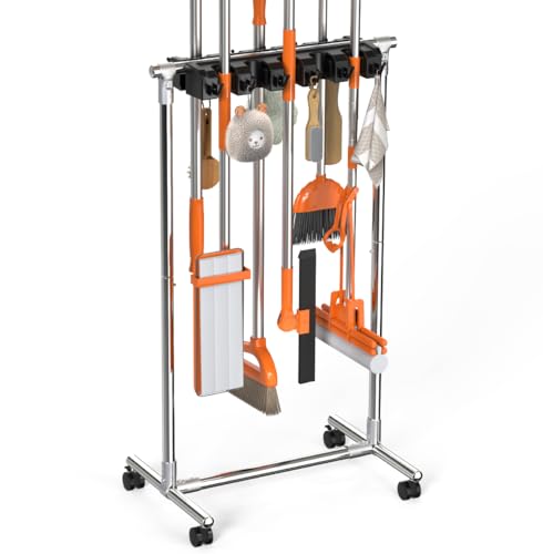 No-Drill Broom Holder Laundry Room Organization, Movable Cleaning Supplies Organizer, Cleaning Cart with 10 Racks and 12 Hooks, Broom and Mop Holder for Kitchen Laundry Garden Garage