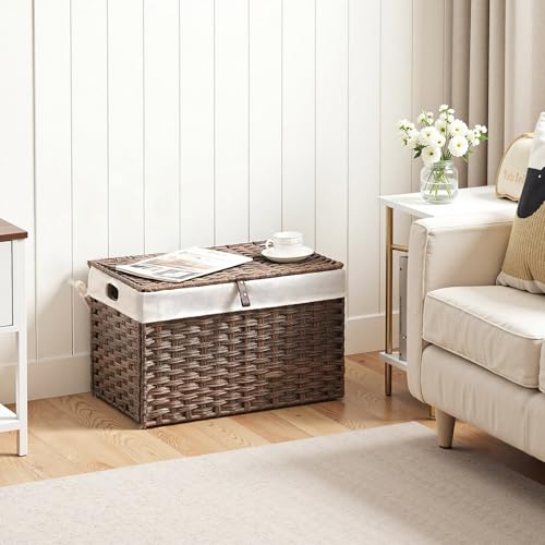 HOOBRO Storage Basket with Lid, 17.2 Gallon (65L) Wicker Basket, Handwoven Blanket Storage Basket with Handles, Metal Frame and Soft Lining, Foldable for Bedroom, Laundry Room, Brown BR265CW01 - color: Brown, size: 22"L x 13.4"W x 13.4"H