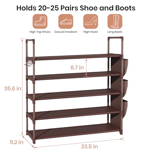 VILICK Shoe Rack for Closet Shoe Organizer Space Saver Storage for 20-25 Pair Shoe Shelf with Hook and Side Pocket Free Standing 5 Tier Shoe Rack Organizer for Entryway,Small Spaces, Brown - color: Brown, size: 33.5"W - 5 Tier