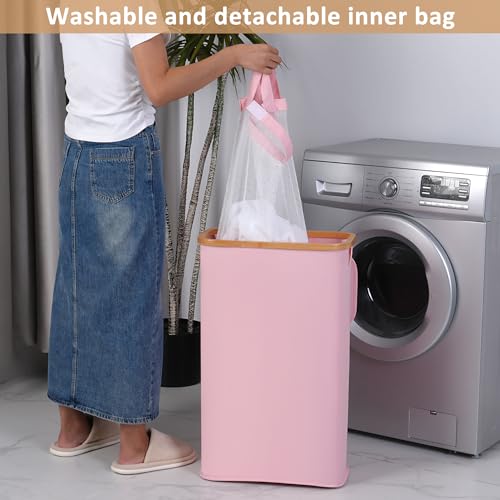 iEGrow 65L Slim Laundry Hamper, Narrow Laundry Basket with Lid,Foldable Clothes Hamper with Bamboo Handles,Hamper Basket with Removable Inner Bag for Laundry Room Bedroom College Dorm,17.17 Gals Pink - color: Pink, size: 65L