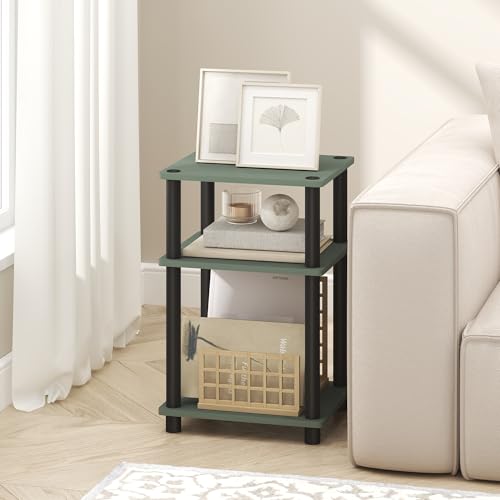 Furinno JUST Side Table, 3-Tier End Table, Open Shelves Night Stand, Bedside Table, Toolless Assembly, for Living Room, Bedroom, Bathroom, Sage Green - color: Sage Green/Black, size: 3-Tier, Round Pole, style: 1-Pack