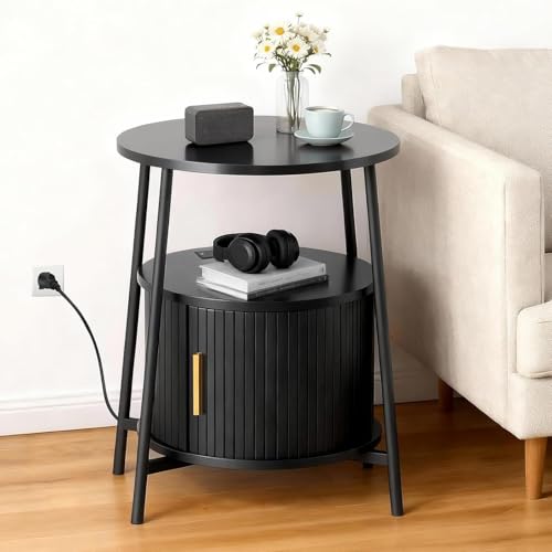Round End Tables with Drawer: Fluted Side Table with Charging Station, Mid-Century Modern Nightstand with Sliding Door for Small Space Storage, Living Room, Bedroom - color: Black, size: 1 PACK