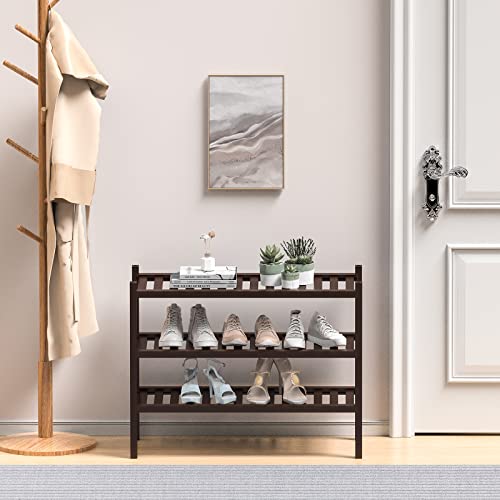 ROMGUAR CRAFT 3 Tier (Thick) Bamboo Shoe Rack for Closet Free Standing Wood Shoe Shelf for Entryway Small Space Stackable 27"x12"x21" (Black Brown) - color: Brown, size: 3 Tier(Thick)