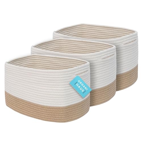 OrganiHaus Rope Baskets for Shelves - Set of 3 Woven Storage Baskets for Organizing, Closet & Toy Storage - Honey/Off-White - 15x9x10 - color: Honey / Off-White