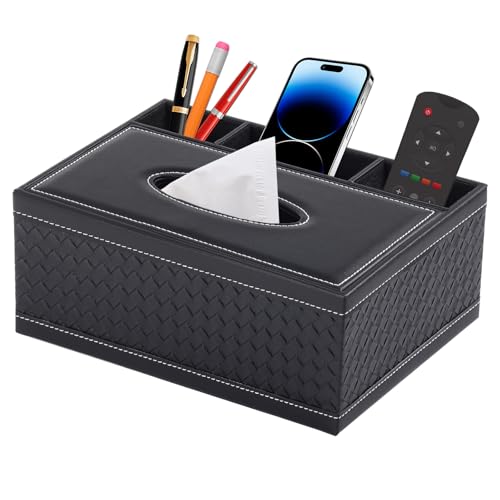 Tissue Box Cover Rectangle Black Tissue Box Holder PU Leather Facial Tissue Organizer,Multifunctional Remote Control Stationery Storage Box,Home Office Supplies Car Napkin Caddy - color: Multifunctional Tissue Box-black Weave