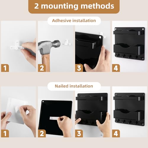 Bedside Wall Shelf with Glasses Hooks ，Adhesive Bedside Organizer Wall Mount for Dorm and Room Accessories Phone，Remote，Earphone， Kindle (Black) - color: Black