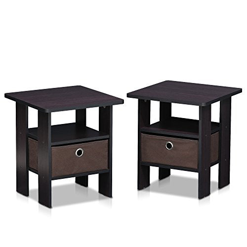 Furinno Andrey Set of 2 End Table / Side Table / Night Stand / Bedside Table with Bin Drawer, Dark Walnut - color: Dark Walnut, size: 2-Pack, Center Bin