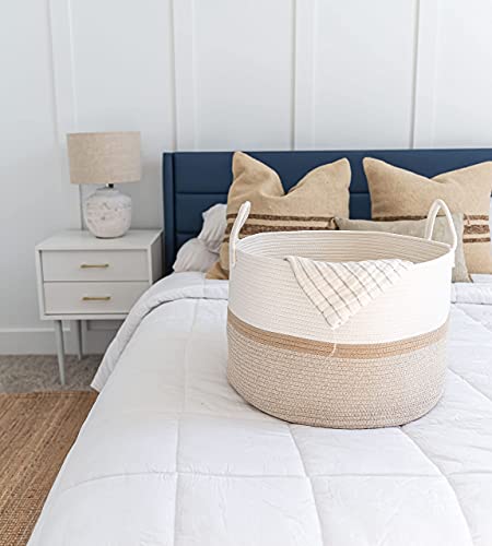 OrganiHaus Large Woven Storage Basket for Blankets and Toys 20" x 13" Inch, Rope Laundry Basket with Handles, Cushions & Pillows Storage Bin, Nursery Hamper, Soft Round Dog Toy Bin - Honey Stripe - color: Striped Honey, size: Wide