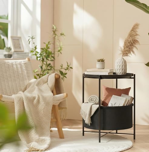 danpinera Round Side Table with Fabric Storage Basket, Metal Small Bedside Nightstand Removable Tray Top for Living Room, Bedroom, Nursery, Laundry, Ink Black - color: Ink Black