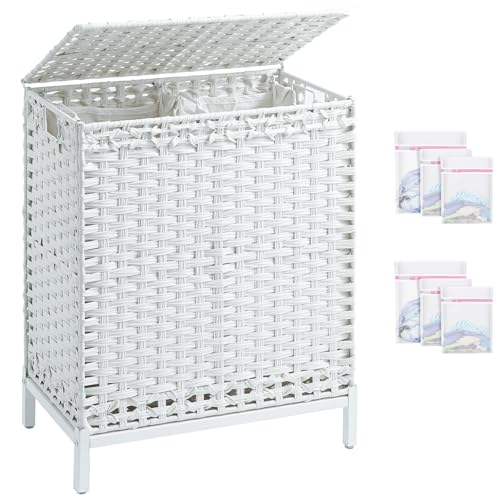 SETVSON Laundry Hamper with Lid,112 L Handwoven Rattan Wicker Laundry Basket, 2 Removable Liner Bags Metal Heightened Feet,6 Mesh Bags,2 Section Large Clothes Hamper for Bathroom Bedroom, Cloud White - color: Cloud White, size: 112 L - 29.6 gal