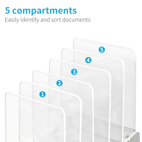 LEKETREE File Organizer for Desk, Desk Organizer with 5-Section Vertical File Rack, File Folder Organizer, Desk Accessories & Workspace Organizers(White) - color: White