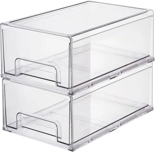 Clear Plastic Stackable Storage Drawers Bins, Perfect for Kitchen Pantry Organization and Storage, Under Sink Organizer, Pull Out Cabinet Organizer, Makeup, Bathroom Storage Containers for Organizing - size: Large 13.5 x 8.3 x 5.7