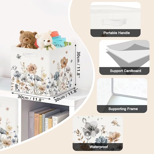 Clastyle Flowers Storage Cube Organizer Set Handle Closet Clothes Cube with Metal Frame Foldable Parents Organizer Storage Basket for Book Toy,Boho Brown,11.8x11.8x11.8 in - color: Brown