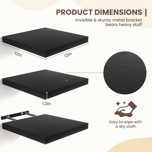 Fun Memories Floating Shelves for Wall - 12 Inch Square Shelves with Invisible Brackets, Black Small Wall Shelf for Living Room, Bathroom, Bedroom, and Kitchen Decor Set of 3 - color: Black, size: 12"W x12"D - 3P