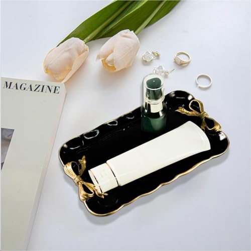 Vintage Decorative Tray Jewelry Tray Towel Tray Storage Tray Rings Necklace Bracelets Earrings Trays Cosmetics Jewelry Organizer Retro Design Bow Decor Resin Plate Coquette Room Decor (Black) - color: Black