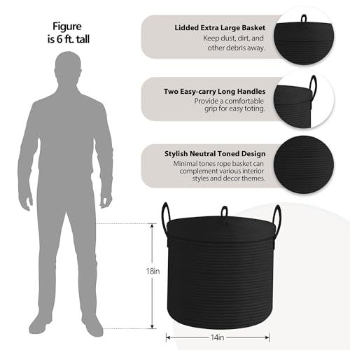 18" X 14" Large Black Basket with Lid, Cotton Rope Storage Basket for Blanket, Toy, Pillow, Towel, Living Room Bedroom Storage Bin, Wicker Woven All Black Organizing Bin with Cover - color: Full Black