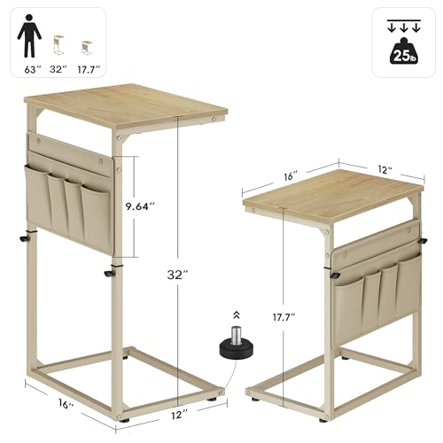 Vagusicc C Shaped End Table, 32'' Tall Side Table for Couch, Adjustable Height Small Couch Side Table for Small Spaces, End Table Slide Under Sofa Table TV Tray Table Arm Table for Living Room - color: Natural