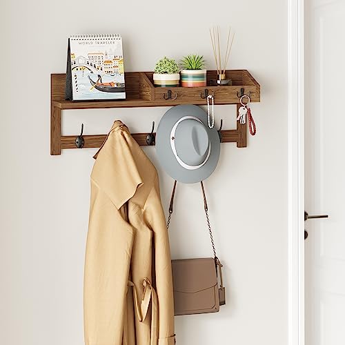 AMBIRD Wall Hooks with Shelf, 26.57 Inch Entryway Wood Coat Hooks for Wall with Shelf, Coat Rack Wall Mount with 5 Dual Hooks 3 Key Hooks Mail Organizer and Key Rack Holder (Brown) - color: Brown, size: 26.57" L