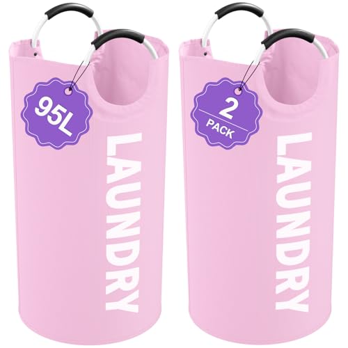 2Pcs Foldable Pink Laundry Basket for Family, 95L Portable Laundry Baskets with Aluminum Handles, Multi-functional Dirty Clothes Hampers for Dorm, Travel, Pink - color: 2Pcs Pink, size: L-95L