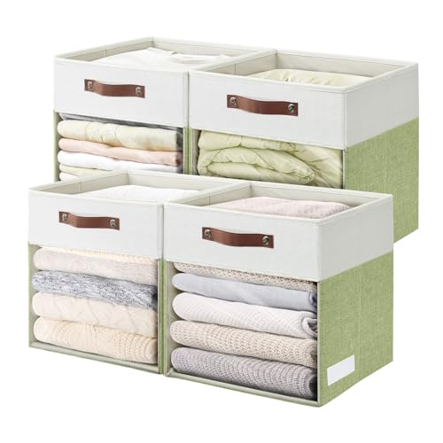 Bagnizer Storage Cubes, 4 Pack Linen Foldable Storage Bins (13 x 13 inch) with Clear Window and Handles, Fabric Organizer for Shelf Closet, Clothes, Books - (Green and White) - color: Green / Off-White, size: 13 x 13 x 13