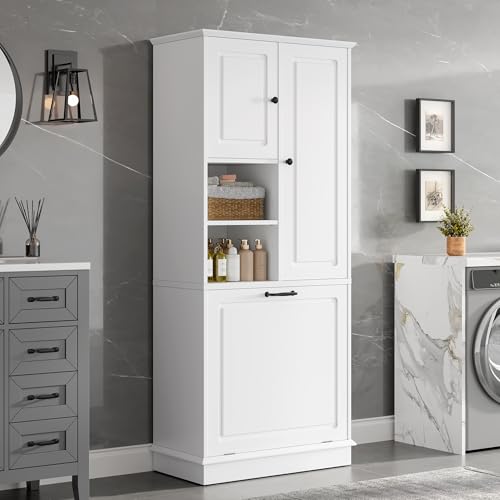Virubi Tall Laundry Cabinet with Tilt Out Hamper, Wood Tall Laundry Room Cabinets with Doors, and Adjustable Shelves, for Bathroom Storage Organization, Freestanding, White - color: White, size: 29.9"x14.2"x67.7"