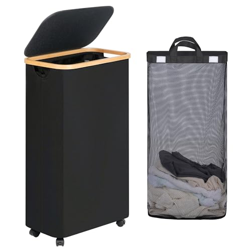efluky Slim Laundry Basket with Wheels, Narrow Rolling Laundry Hamper with Lid and Removable Bag, Aesthetic Dirty Clothes Hamper on Wheels for Laundry Room, Bedroom, Dorm and Bathroom, 75L Dark Black
