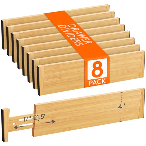 Lifewit 4" High 8 Pack Bamboo Drawer Dividers 43-54cm/17-21.5" Adjustable Wooden Drawer Organizer for Clothes/Utensils, Expandable Drawer Separator for Dresser/Kitchen/Bedroom/Office Organization - size: 4"H, 17-21.5"L