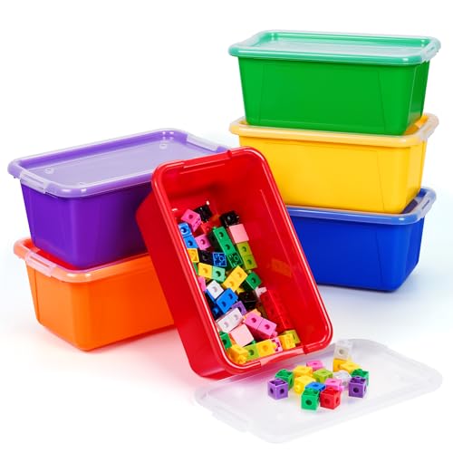 GAMENOTE 6 Quart Storage Bins with Lids, Plastic Latching Box for Classroom & Kids Toy Storage,Stackable Shoe Box Size Containers for STEM Morning Tubs, Crafts & Building Blocks (6, Colorful) - color: Colorful