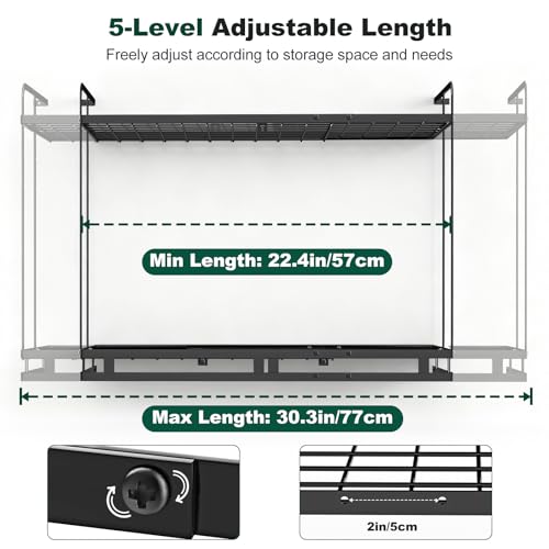 Housolution Pot Rack Wall Mounted, 22''-30'' Length Expandable, 3 Level Height Adjustable, 2 Tier Heavy Duty Hanging Cookware Pan Organizer with 12 Hooks and 8 Lid Holders - color: Black, 2 Tiers