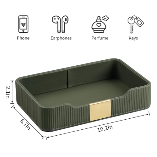 Valet Tray Desktop Storage Organizer, PU Leather Catchall Bedside Vanity Tray with Brass Accents Block Nightstand Organizer for Keys Watch Wallet Phone, Decorative Nightstand Storage (Green) - color: Green
