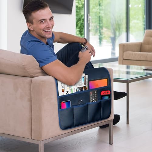 TV Remote Control Holder Couch Caddy, Non-slip Bedside Caddy Organizer with 5 Pockets for Key Glasses Phone Magazine Holders - color: Blue-A, size: 35''x18''