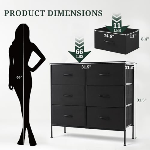 6-Drawer Dresser for Bedroom, Anti-Tip Wide Storage Organizer Chest of Drawers with Wooden Top and Metal Frame Fabric Bins for Closet, Living Room, Hallway, Entryway, Black - color: Black, size: 11.8"D x 31.5"W x 31.5"H (6 Drawers)