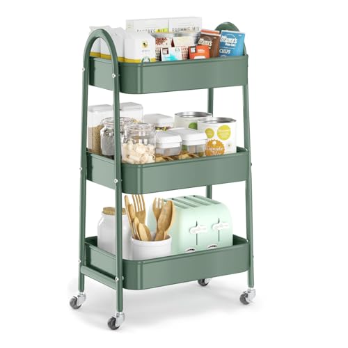 EAGMAK 3 Tier Utility Rolling Cart, Metal Storage Cart with Handle and Lockable Wheels, Multifunctional Storage Organizer Trolley with Mesh Baskets for Kitchen, Living Room, Office, Garage (Jungle) - color: Jungle Green, size: Normal