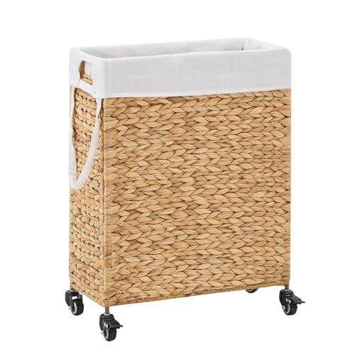 Rolling Laundry Hamper with Wheels, Slim Laundry Basket with Removable Liner Bag & 2 Mesh Bags, Handwoven Water Hyacinth Clothes Hamper for Bedroom Bathroom (Natural, 65L) - color: Natural/No Lid/65L