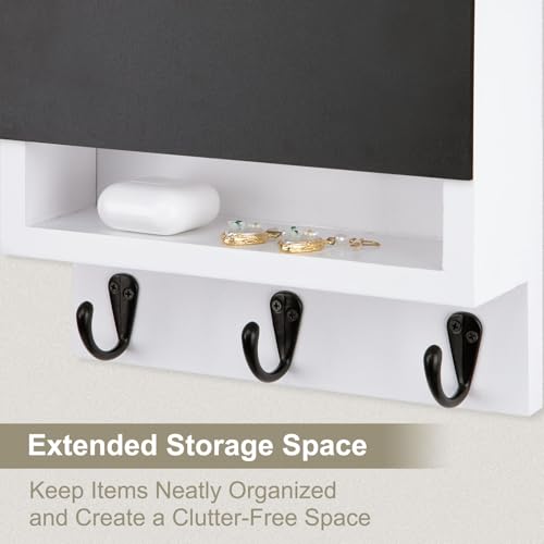 Key and Mail Holder for Wall, Key Holder with Chalkboard and Long Storage Box, Key Hanger with 3 Sturdy Hooks for Coat, Dog Leash, Entryway Mail Organizer (White) - color: White