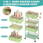 2in1 Baby Diaper Caddy Organizer Cart, 3-Tier Rolling Cart, Metal Diaper Caddy Carts, Bedside Carts for Nursery Essentials Storage, Detachable Dividers, Large Capacity, Green - color: Green