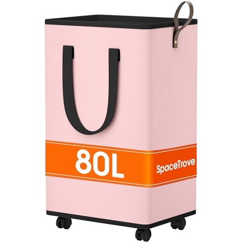 SpaceTrove Laundry Basket with Wheels, Collapsible Laundry Baskets, Laundry Hamper with Handles Detachable Wheels, Rolling Laundry Basket, Dirty Clothes Hamper for Bathroom, Dorm, Bedroom, Pink, 80L - color: Pink, size: 80L