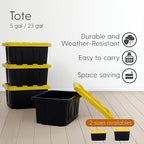 Plastic 5-Gallon Storage Tote with Lockable Lid, Stackable Tough Regular-Duty Bin for Garage, Tools, and Home Organization (4-Pack) - Black and Yellow - size: 5-Gallon (4-Pack)