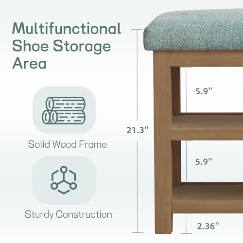 Zihanhome Shoe Rack Bench with Cushion, 2 Tier Solid Wood Storage Bench, Mid-Century Modern Shoe Bench for Entryway, Hallway, Closet, Front Door Entrance, Foyer (Teal, 46.5") - color: Teal, size: 46.5"