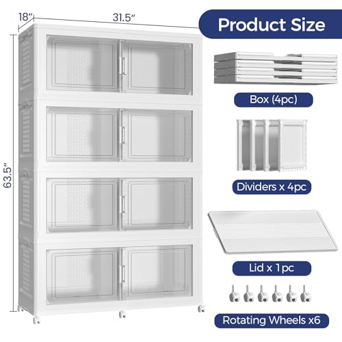 200GAL Storage Bins with Lid and Wheels, Stackable Closet Organizers and Storage Drawer, Collapsible Storage Box with Dividers, Foldable Plastic Cabinets for Room, Kitchen, 4 Pack White - color: White, size: 50Gal-4Pack