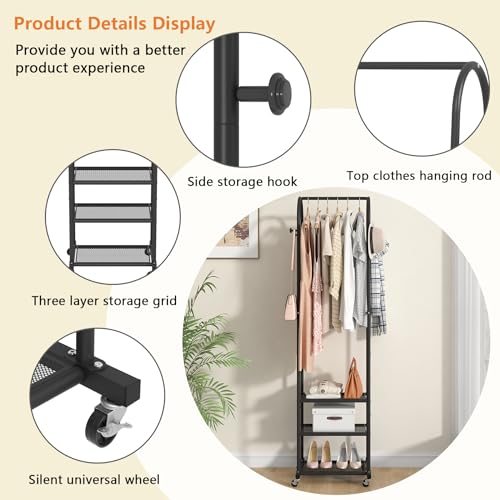 Kaitiemoo Heavy Duty Clothing Rack with Wheels,Modern Garment Rack with 3 Metal Shelves, 71.8Inches Display Rack for Hanging Clothes, Hanging Rod for Small Space,Black - color: Black