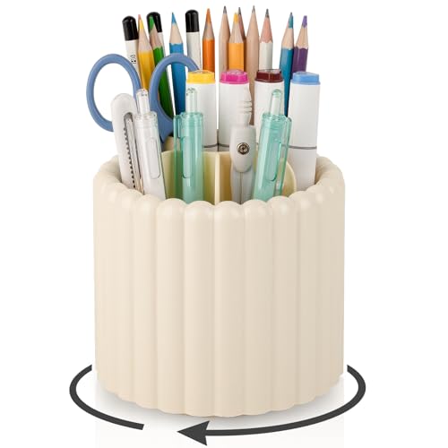 Anyoifax 360° Rotating Pen Holder 7 Slots Desk Organizer Removable Pencil Cup Plastic Art Supplies and Accessories Desktop Storage Box Caddy for Office, School, Home (Beige) - style: Stripe Beige