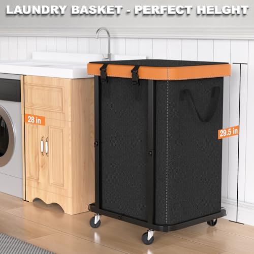 150L (40 Gal) Large Fashion Laundry Basket with Wheels, Leather Patchwork Rolling Hamper Carts, Sturdy Metal Frame, Removable Washable Bag, Tall Clothes Sorter for Bedroom, Laundry Room - Black - color: Black, size: 1 Section-150L
