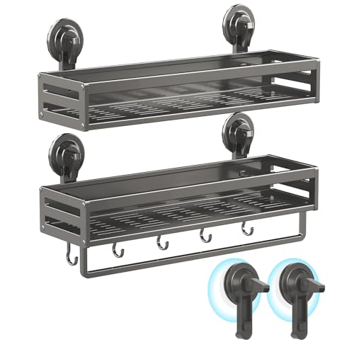 Suction Cup Shower Caddy, 15.7inch Extended Version, with 5 Hooks & Towel Rrack, No Drilling Required, Rust-Resistant Bathroom Shower Organizer (Dark Gray, 2-Pack) - size: 15.7 inches(2-pack US)
