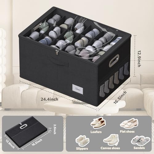 Shoe Organizer for Closet, Shoe Box Storage Containers Fit 18 Pairs Foldable Shoe Storage Bins with Clear Cover & Adjustable Dividers for Shoes Blankets Linen Clothing (Black, (24.4*16.5*12.9)x1) - color: Black, size: (24.4*16.5*12.9)x1