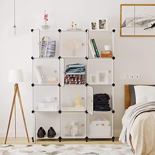 AWTATOS 12 Cube Storage Organizer with Doors, DIY Plastic Closet Shelf, Modular Bookshelf, Stackable Shelving Rack for Bedroom, Living Room, Translucent ULPZ011 - color: Translucent