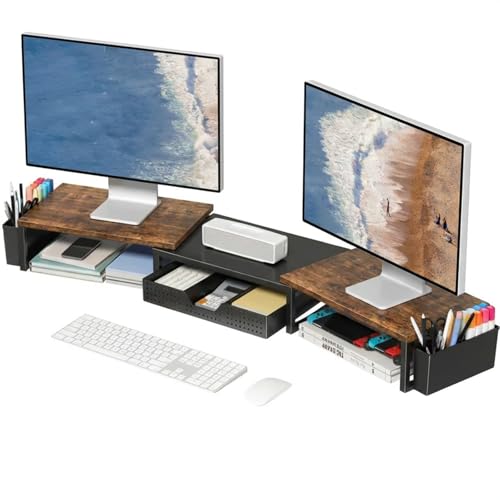 OPNICE Desk Organizers and Accessories, Dual Monitor Stand Riser with Drawer and 2 Pen Holders, Desk Shelf Wood Computer Racks for Office Workspace Organizers, Desktop Organization (Rustic Brown) - color: Rustic Brown, size: With drawer and pen holder