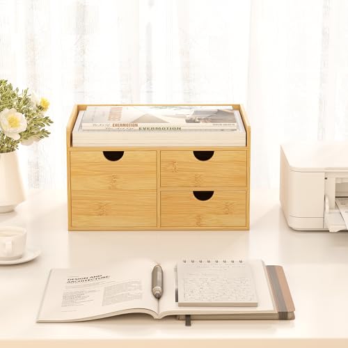 Wisuce Bamboo Desk Drawer Organizer, 3 Drawer Desktop Organizer with Drawers Tabletop Storage Organization Box for Office Home Toiletries Supplies Vanity, No Assembly Required - color: 3 Drawers with shelf-L1R2, size: Small
