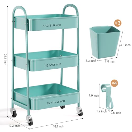 3 Tier Green Metal Rolling Cart with Lockable Wheels and Handle, 3 Tiered Utility Storage Organizer Carts for Teachers, Arts, Craft, Snack, Book, Bedside, Nursery, Cleaning Supplies, Easy Assembly - color: Elegant Green, size: 3 tier