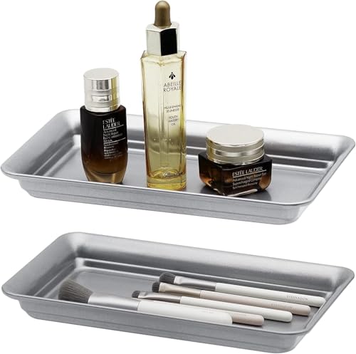 Vintage Farmhouse Decor Metal Vanity Tray (1 Pack),Countertop Guest Hand Towel Storage Organizer Tray Dispenser, Sturdy Holder for Perfume, Cosmetics, Jewelry, Makeup Bathroom Organizer (Silver) - color: Silver, size: 1 Pack (9.9" x 5.9" x 1.1")